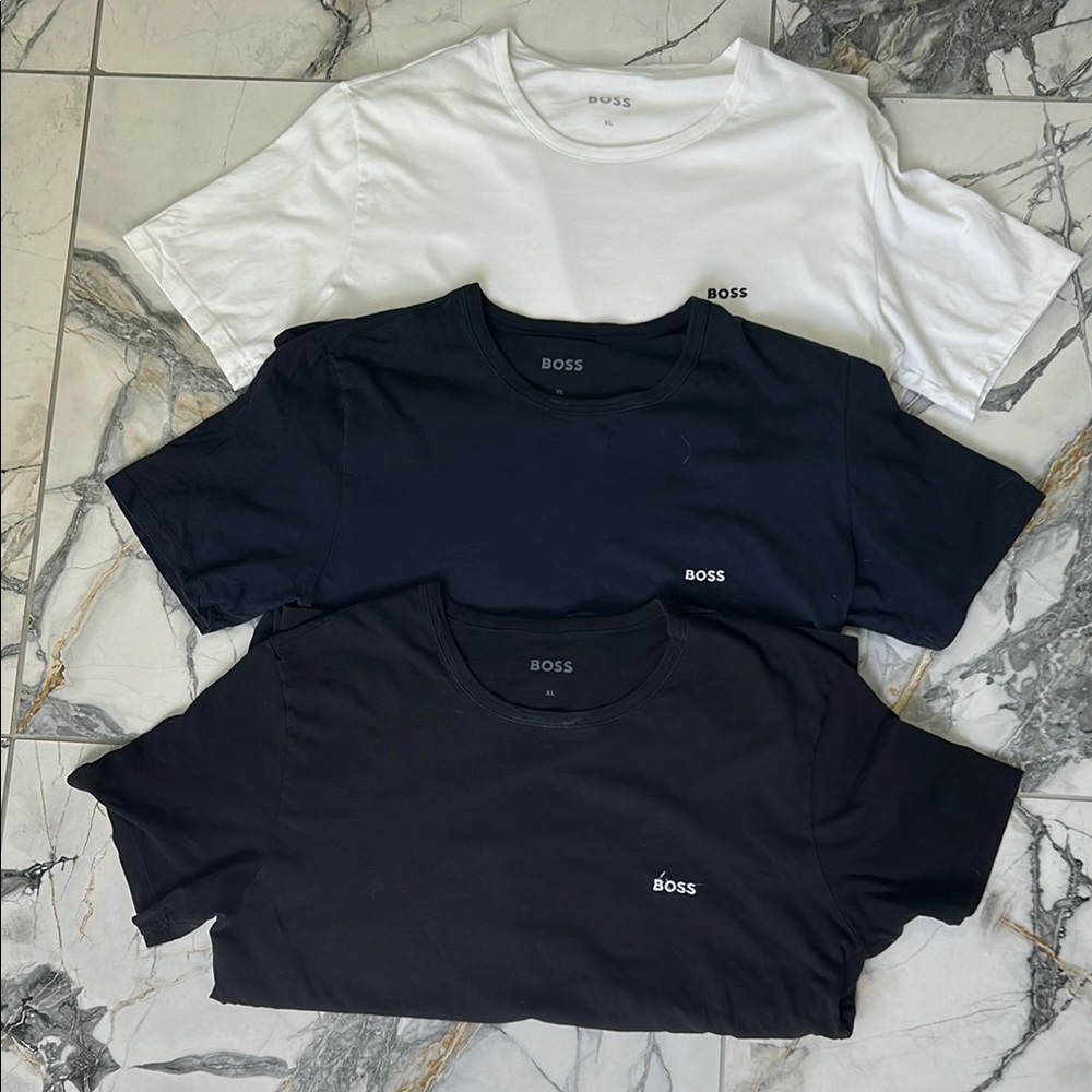 BOSS Black, Navy, and White T-Shirt Trio. Plain shirts with BOSS logo